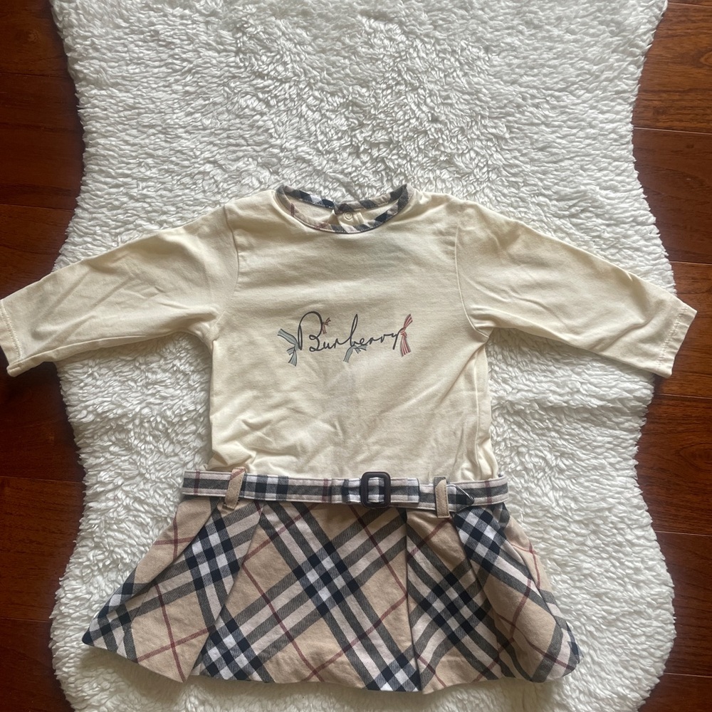 Burberry Cream Top with Beige Plaid Skirt & Belt